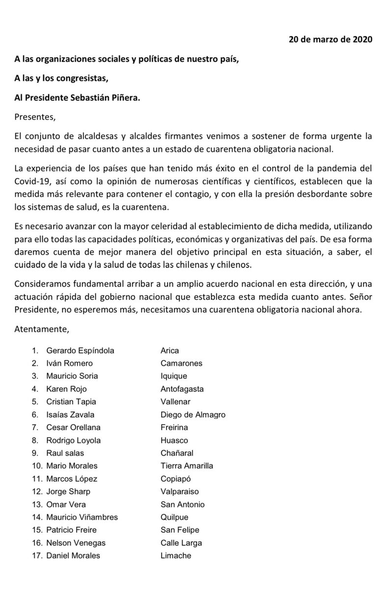 JorgeSharp's tweet photo. Nuestro acuerdo es proteger la vida y la salud de la población por sobre cualquier otra consideración. Presidente @sebastianpinera: está es una carta transversal de alcaldesas y alcaldes de todo Chile solicitando avanzar cuanto antes hacia un estado de cuarenta nacional . https://t.co/oaoPwXZ01e