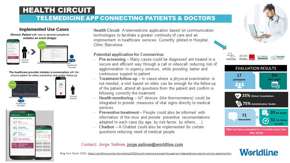 #coronavirus
Health Circuit
Telemedicine app connecting patients and doctors from <a href="/WorldlineGlobal/">Worldline</a> 
Interested? Contact me!

worldline.com/en/home/blog/2…