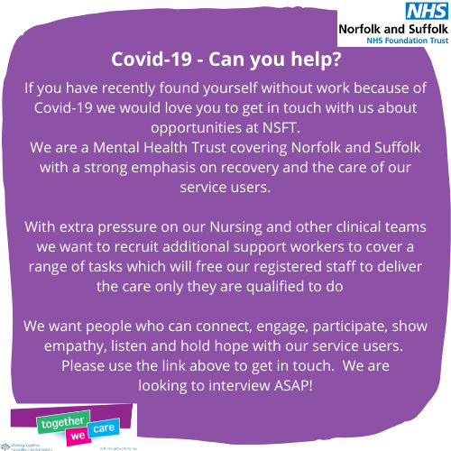 Click here if you would like to help! 
nhsprofessionals.nhs.uk/joining-nhsp
#TogetherWeCare #GettingBetterTogether #Coronavirus #Covid19
<a href="/DawnCollins9/">Dawn Collins 🌈 💙 🇺🇦</a> @Diane_W_Hull <a href="/MikeSeaman18/">Mike Seaman</a> <a href="/NSFTtweets/">NSFT mental health</a>