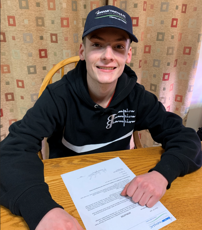 HenryAbbottTech's tweet photo. We may not be able to do this the way we normally do, but big shout out to #senior Jake for signing on with #EnconHeating&amp;AC for full-time employment after graduation! @AbbottHVAC @kcdurk @CTTechHS https://t.co/Yw5r6vt3Ea