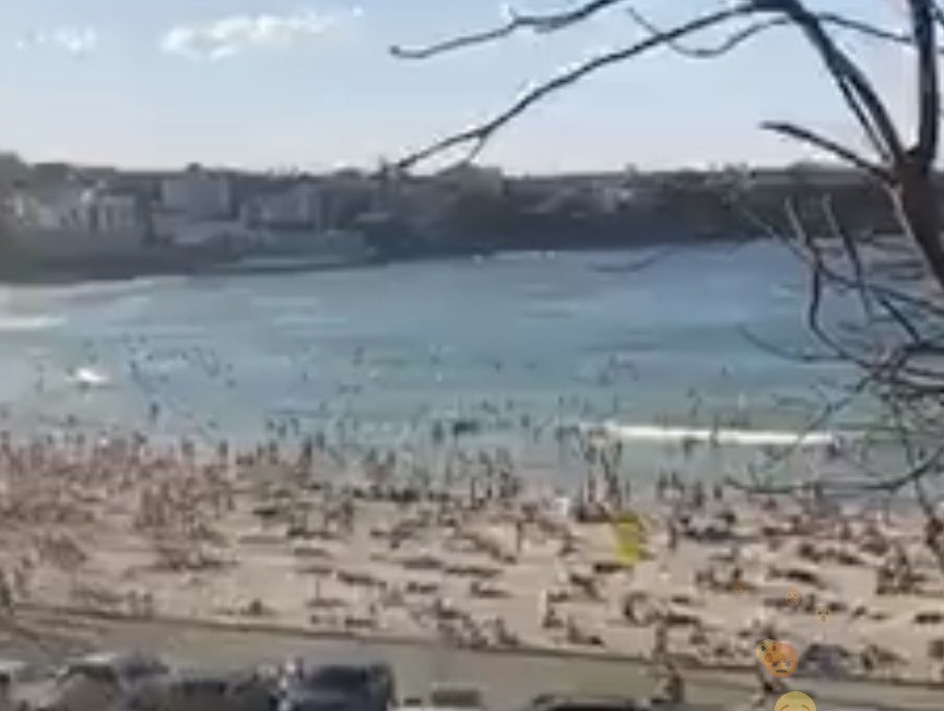 Amy23624966's tweet photo. All good for some today on Bondi, while an industry and its people suffer, not from a virus but from pure bloody madness, clearly 500 plus today simply soak up our beautiful sunshine.SOS #TheShowMustGoOn @ScottMorrisonMP @billshortenmp @AnnastaciaMP https://t.co/7yLXtYetm2
