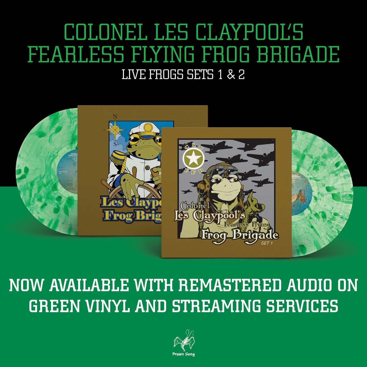 primus's tweet image. Originally released for the first time ever in LP form as a Record Store Day Exclusive, Live Frogs Sets 1 &amp;amp; 2 is now available on 140g green vinyl as well as all major streaming services. 

Visit smarturl.it/LiveFrogs to order and stream now.
