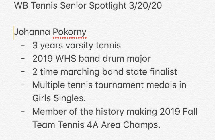 WHS Tennis Spotlight 3/20/20. Johanna has played girls singles the last 3 years for the WHS tennis program.  Johanna is very well rounded as she is also the drum major in the WHS POW Band. She is an amazing part of WB Tennis. 
#WeAreWhitesboroTennis 
#borotuff <a href="/WISDBearcats/">Whitesboro Bearcat Athletics</a>