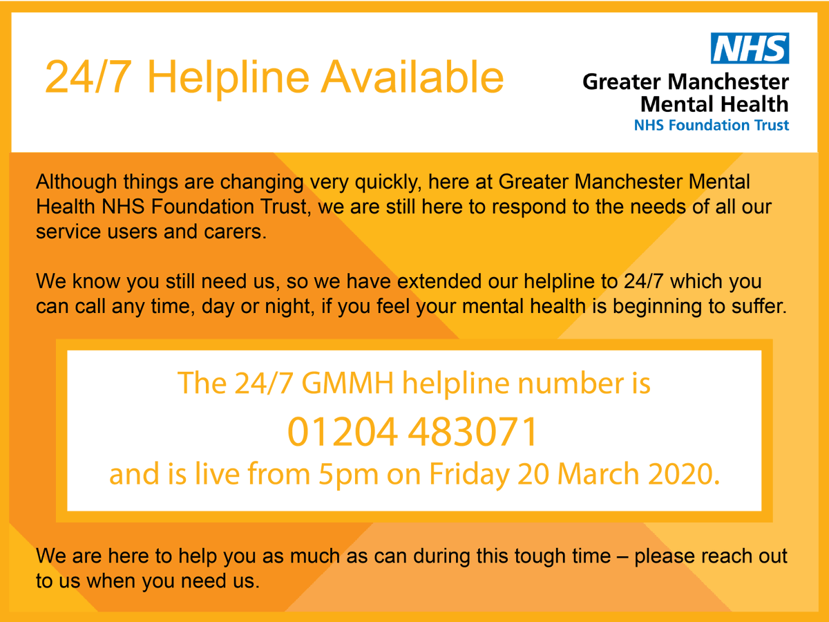At this worrying time, we are here for our service users & carers. We have extended our helpline to 24/7. You can call any time, day or night, if you feel your mental health is beginning to suffer. The number is 01204 483071, and will be live from 5pm Fri 20 March #TogetherGMMH