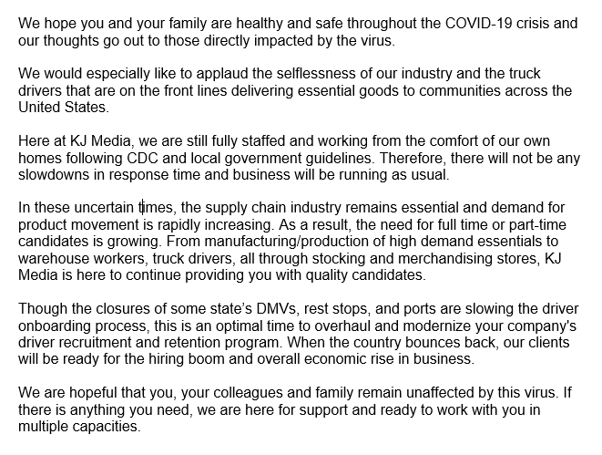 KJTransMedia's tweet photo. A message on COVID-19 from our CEO and Co-founder, Jacquelyn McManus. We're all in this together and here to support our industry. #trucking #coronavirus https://t.co/hj0iXuH84d