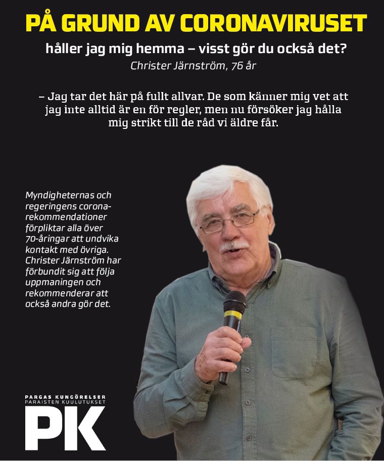 PKU1912's tweet photo. "Jag tar det här på fullt allvar och håller mig hemma" säger Tarabon Christer Järnström, 76. #ansvar #hälsa #närkontakt #pargas #finland #coronaviruset #pargaskungörelser @pargasparainen https://t.co/GJmZwSFN78