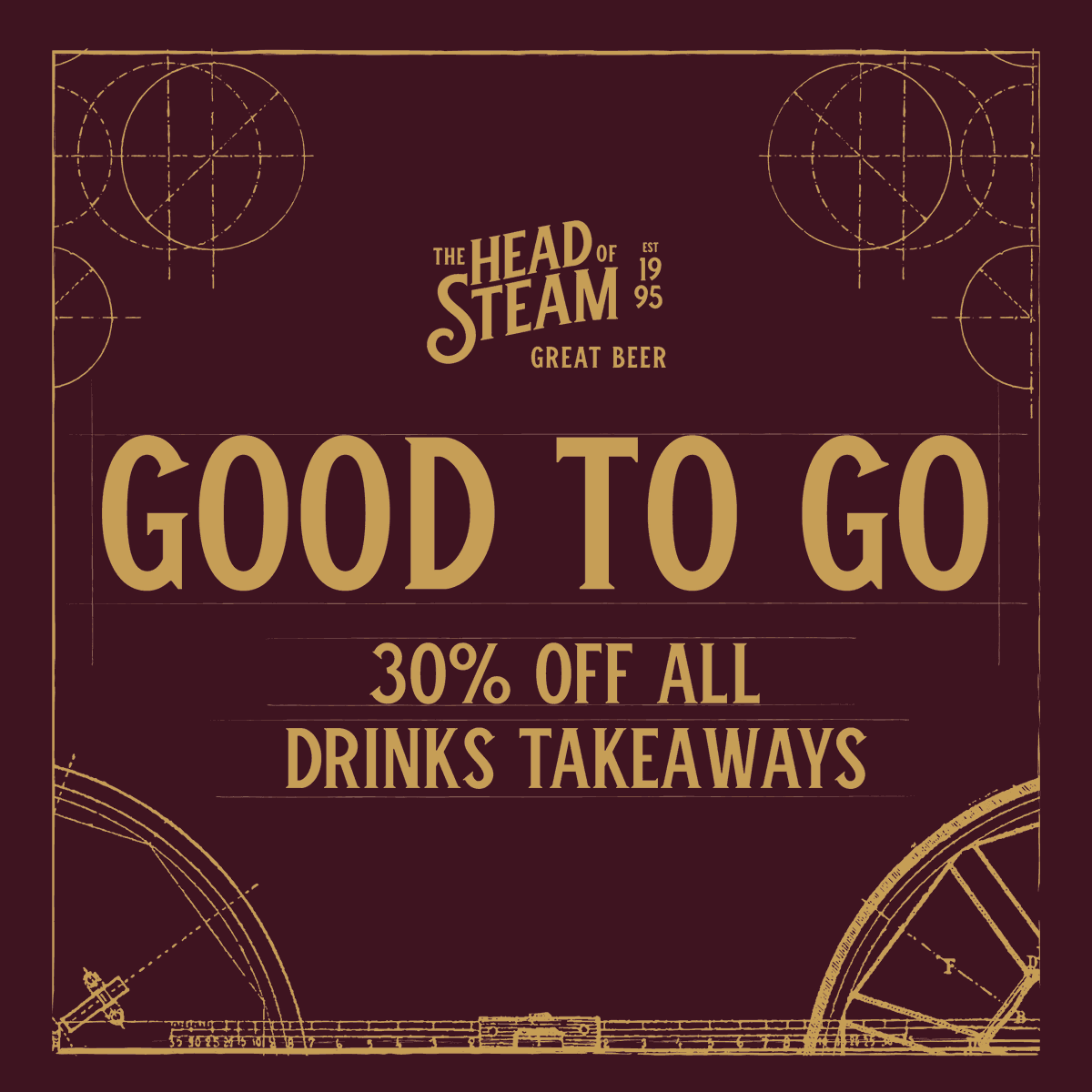 We're giving you 30% off all drinks takeaways! 🙌

Can up your favourite draught beer or pick something from our range of bottles and cans 🍻