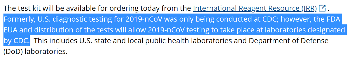  #coronavirus? The CDC is the appointed monopolist--everybody else is restricted from conducting such tests. So on February 4 the CDC issued an Emergency Use Authorization, i.e. a temporary deregulation, to allow more labs to conduct tests. This is likely  https://www.cdc.gov/csels/dls/locs/2020/information_about_emergency_use_authorization_for_2019_novel_coronavirus_real_time_rt-pcr_diagnostic_panel.html