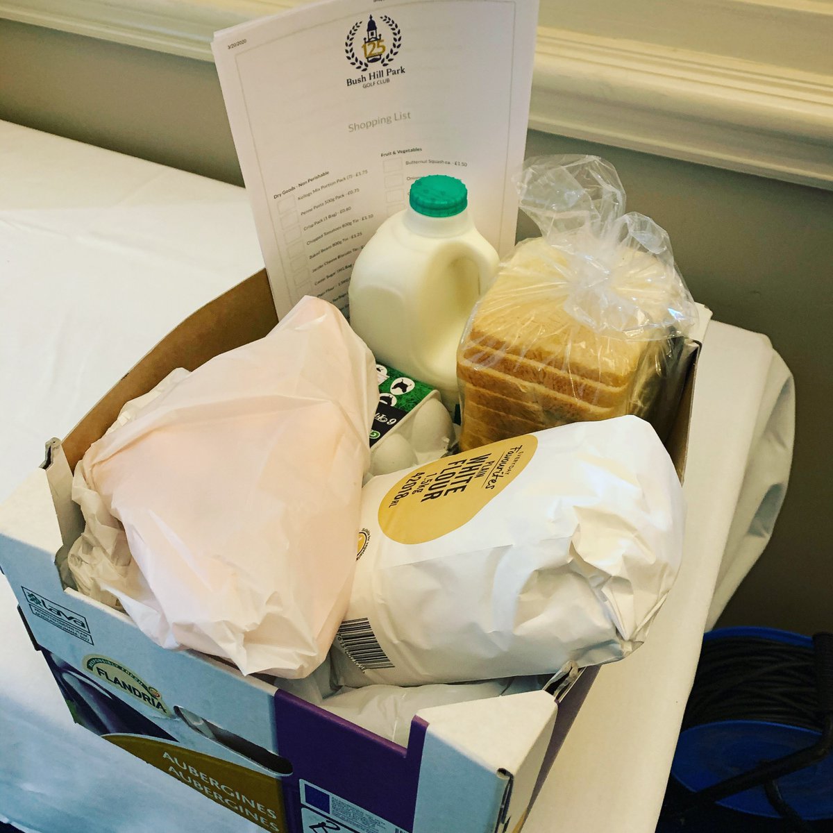 BushHillParkGC's tweet photo. Yesterday we started a shopping service for our members to order basic groceries and today we are delivering our first ‘care pack’. 🥕🥚🧀🍞🥫#care #covid_19 #corona #coronavirus #golf #n21 #northlondon @Middlesex_Golf  @EnglandGolf  #stayhealthy https://t.co/6EVnfCHmGB