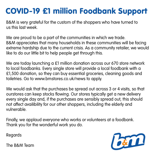 bmstores's tweet photo. We are proud to be a part of the communities in which we trade. B&amp;M appreciates that many households in these communities will be facing extreme hardship due to the current crisis. As a community retailer, we would like to do our little bit to help people get through this. https://t.co/rGLReo8MFG