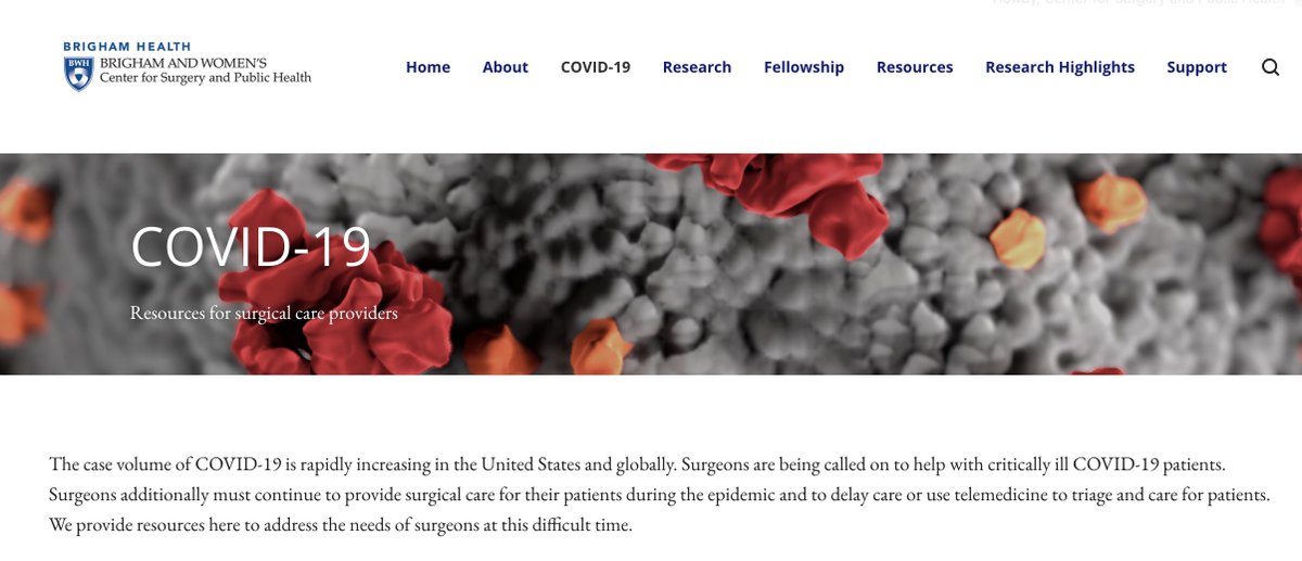 We are curating #COVID19 resources for surgical care providers here: csph.brighamandwomens.org/covid-19/. Thanks to our global community of professional societies, academic centers, &amp; providers for coming together to provide up-to-date guidance on #COVID19's impact on surgical care delivery
