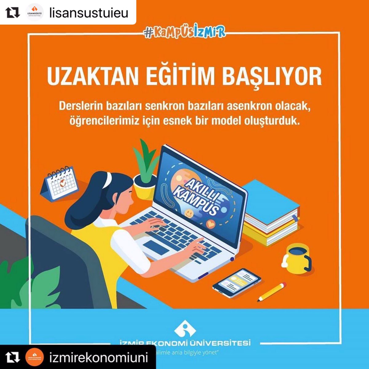 Geleceği öngörerek, titizlik ve en uygun teknolojilerle inşa edip yıllardır kullandığımız "Akıllı Kampüs"ümüzde, nitelikli uzaktan eğitime 23 Mart 2020 Pazartesi başlıyoruz. #uzaktaneğitim #akıllıkampüs #onlineders #eğitim #ieü #kampüsizmir