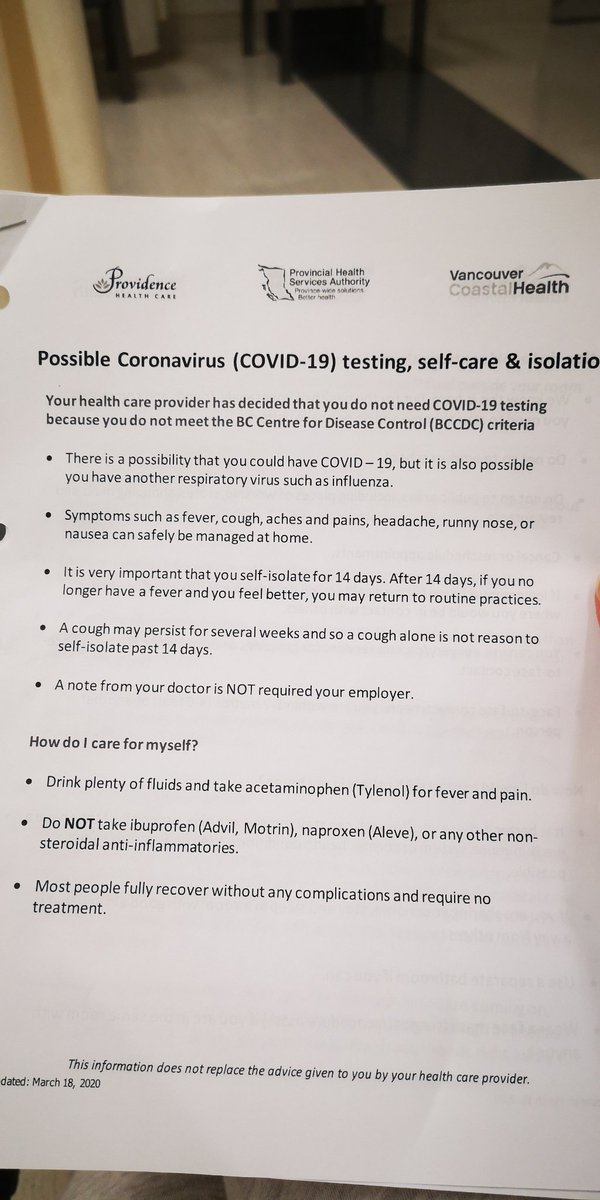 I asked another doc about the sudden chest pain, which is still painful when I breath right now. He ordered a CT scan, so at least I can find out if there's some damage.Waiting for that right now.Oh, this is the "you might have it but we won't be testing you!" hand-out.
