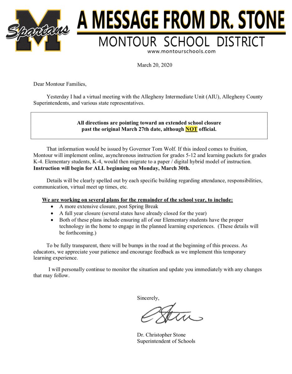 Please take a moment to read this important message. Montour SD intentions are to begin virtual learning on Monday, March 30th for all students (K-12) <a href="/MontourSD/">Montour School District</a>