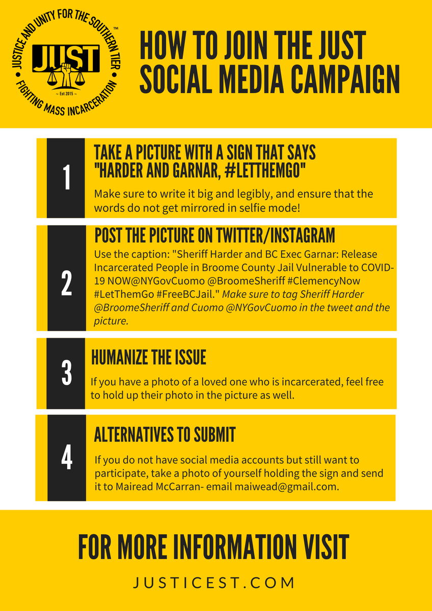 BinghamtonJUST's tweet photo. ‼️‼️ In order to get the attention of County Executive Jason Garner, County Sheriff Harder @BroomeSheriff, and @NYGovCuomo, we are starting a campaign to urge the release of incarcerated people in Broome County. Please tweet/Instagram your pictures w/ these instructions!! https://t.co/q9v59XRKrH