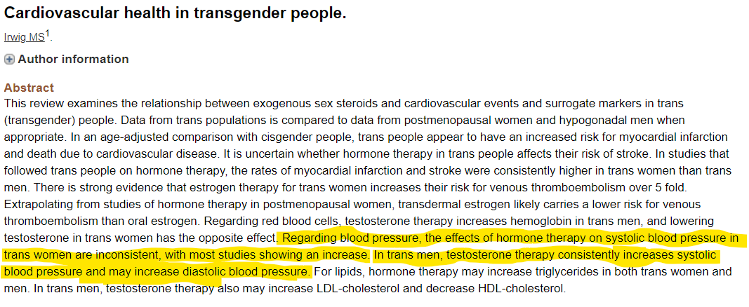 Cardiovascular health in transgender people"effects of hormone therapy on systolic blood pressure in trans women...most...showing an increase. In trans men, testosterone therapy...increases systolic blood pressure...may increase diastolic blood pressure." https://www.ncbi.nlm.nih.gov/pubmed/30073551 
