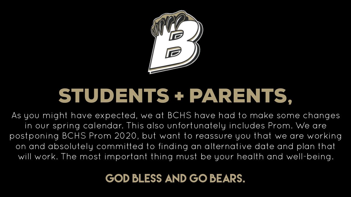 BradleyCentral's tweet image. ⁦@THEREALBCNATION⁩ Please see the update on the BCHS 2020 Prom!