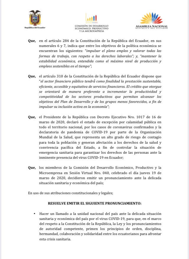 mmcuesta's tweet photo. Desde @DesarrolloEcAN nos declaramos en sesión permanente para analizar y proponer medidas por las consecuencias económicas en crisis #Covid_19. Se consideró la atención para sectores con doble vulnerabilidad y en situación de calle.  

Aquí ⬇⤵️ lo resuelto. https://t.co/iUt8UUAtGM