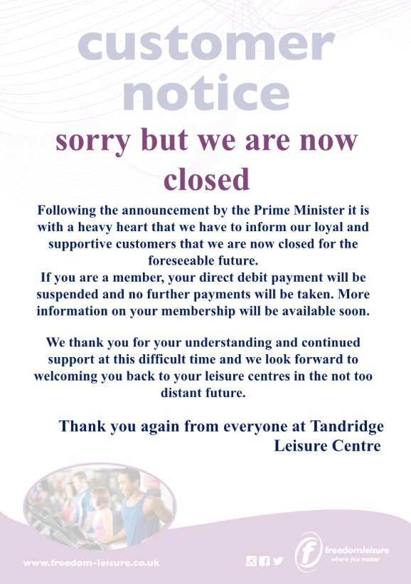 FreedomTLC's tweet photo. Following the announcement by the Prime Minister it is with a heavy heart that we have to inform our loyal and supportive customers that your leisure centre will now be closed for the foreseeable future. https://t.co/TEvF4Nvcjy
