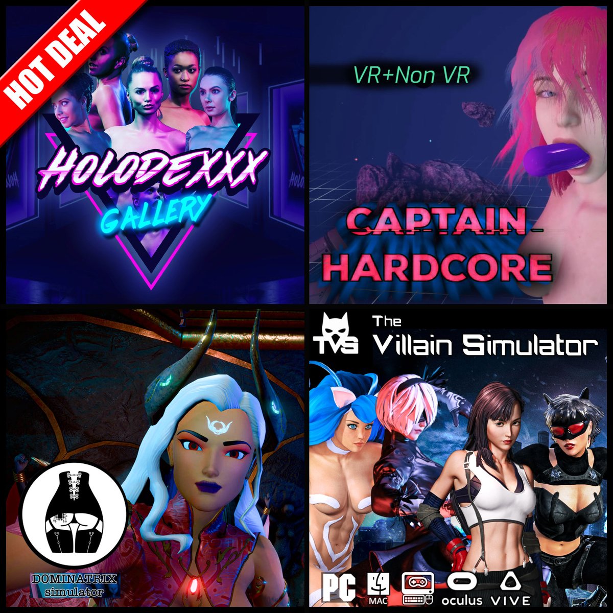 ZnelArts's tweet photo. Feelin' socially isolated lately? We have the bundle for you 50% off the latest from Villain Simulator, Holodexxx, Dominatrix Simulator and a Captain Hardcore Demo! 
Lewd Isolation Bundle: 6 games for $19.99
https://t.co/yyorIz1neR
#vr #virtualreality #vrporn #indiegame #vrporn https://t.co/Llp5FKPDXM