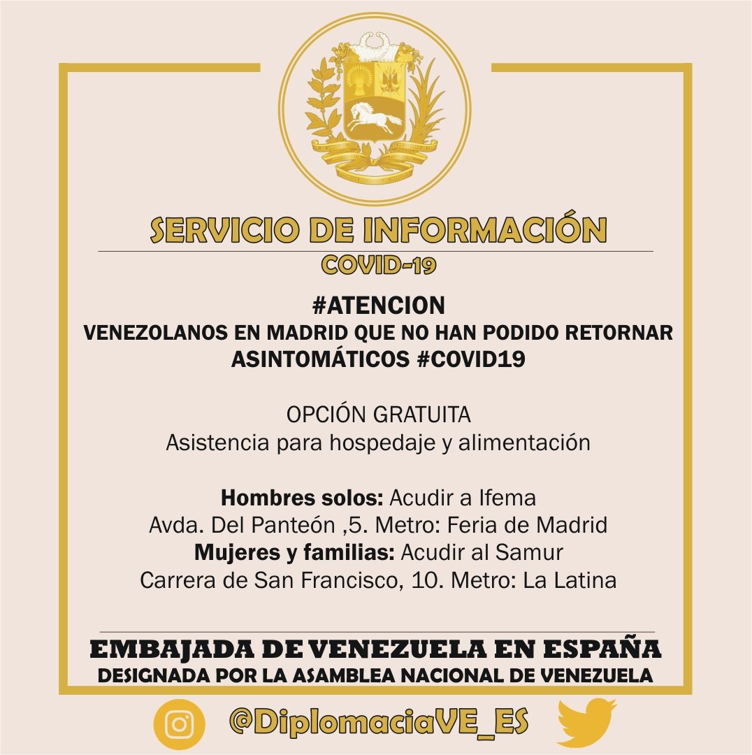 #ATENCION 
#VENEZOLANOSENMADRID que no han podido retornar
#ASINTOMÁTICOS #COVID19​
Asistencia para hospedaje y alimentación​
OPCIÓN GRATUITA
❗Hombres solos: Ifema. Av del Panteón,5. Metro:Feria de Madrid​
❗Mujeres y familias: Samur. Carrera de San Francisco,10. Metro:La Latina
