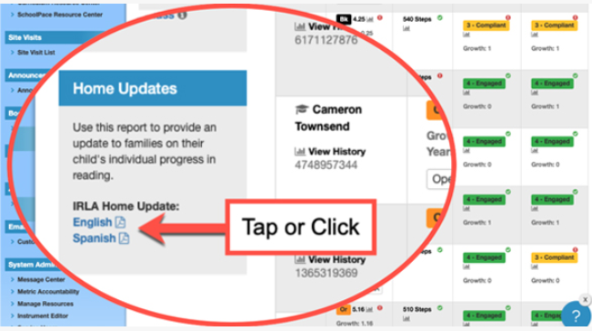 ARC Teachers: your Ss get access to free online resources in ARC Bookshelf!

Log-in instructions can be printed/emailed to parents through the IRLA/ENIL Home Update.  Here's how:

1. Log into SchoolPace 
2. Find your classroom
3. Find "Home Updates" and choose English/Spanish.
