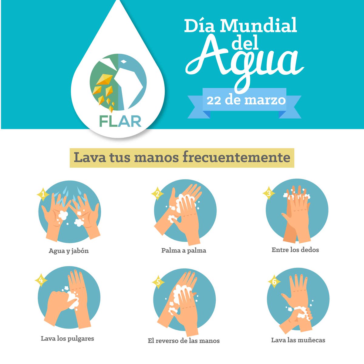 Este 22 de marzo #DíaMundialDelAgua, y todos los días, te invitamos a lavarte las manos, salvar vidas y evitar la propagación del #COVID19. Con este sencillo acto demostramos nuestro compromiso en la lucha contra este virus. ¿Ya te lavaste las manos? 👐🚿
#ManosLimpias #SafeHands