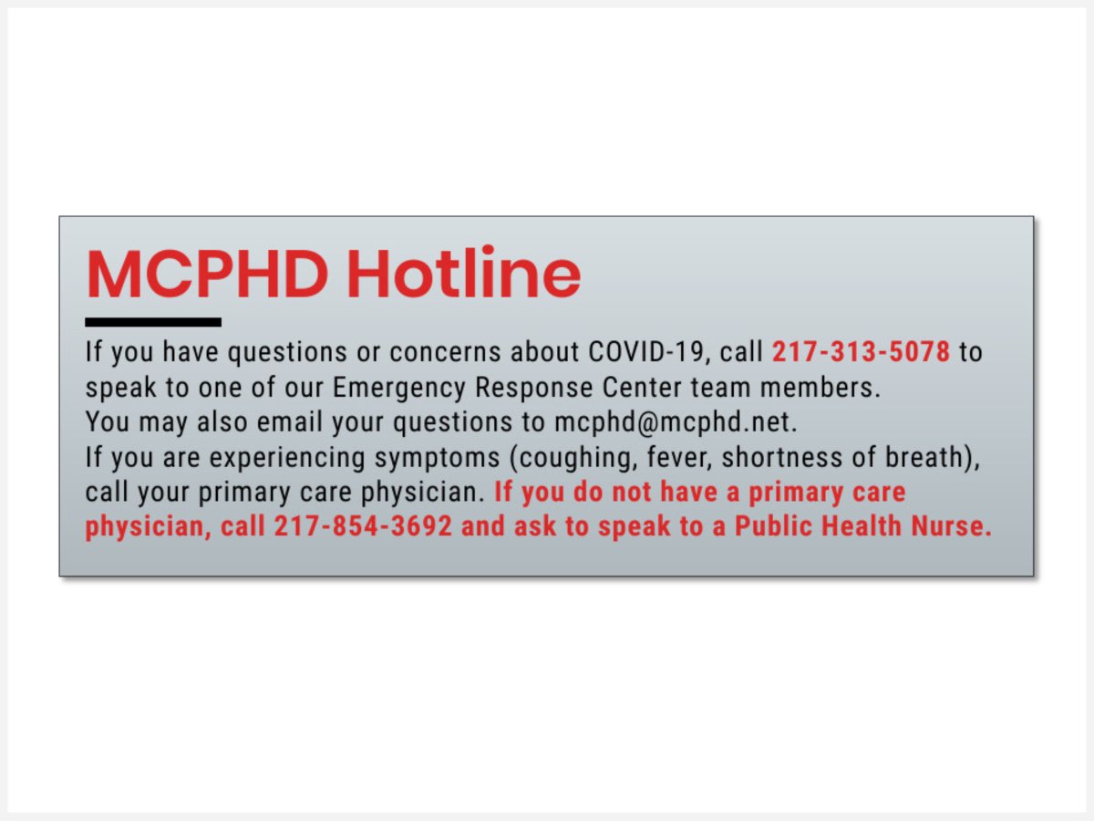 AndyManar's tweet photo. The #Macoupin County Public Health Department has set up a local hotline to answer your questions about COVID-19. Call (217) 313-5078 if you have questions that need answers. Thank you MCPHD for your local leadership to help county residents! https://t.co/b6aeuigpNZ