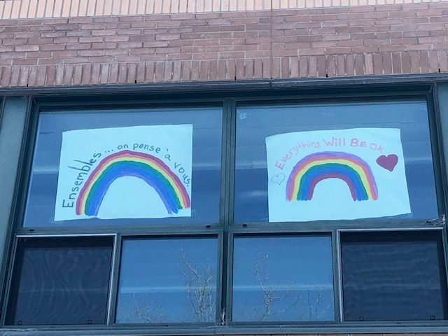 seineriverSD's tweet photo. Students from @ESNIinfo sharing positive messages of hope, and encouragement in their school windows for the community before they leave today. #FlattenTheCurve #BeSafeEveryone https://t.co/HlXWebN7ln