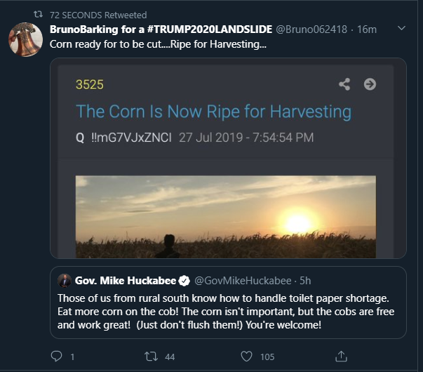 PokerPolitics's tweet photo. It's people talking about corn, so that means The Storm is ALMOST here, just wait a few more days. #QAnon #CornCode #EverythingIsACode https://t.co/jGMl5TGE1n