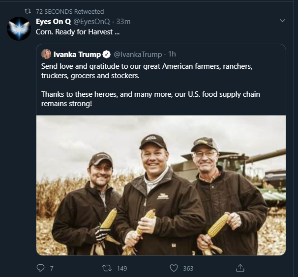 PokerPolitics's tweet photo. It's people talking about corn, so that means The Storm is ALMOST here, just wait a few more days. #QAnon #CornCode #EverythingIsACode https://t.co/jGMl5TGE1n