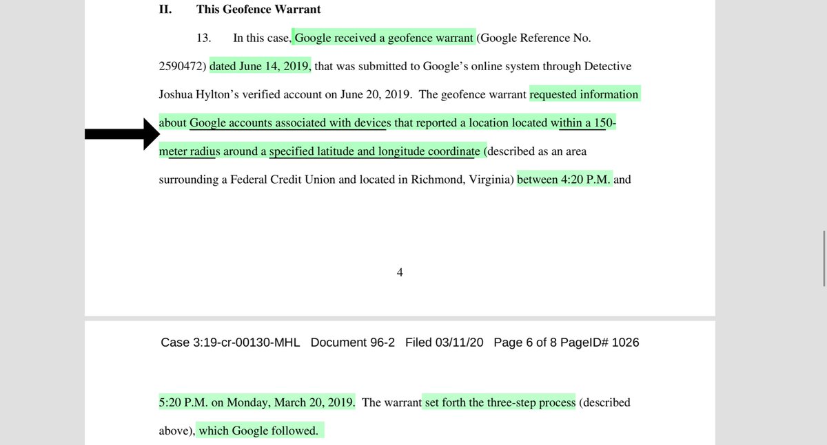 Again not to belabor the point, it’s there in black and white in Google’s declaration:“requested information about Google accounts associated with devices that reported a location located within a 150-meter radius around a specified latitude and longitude coordination...”