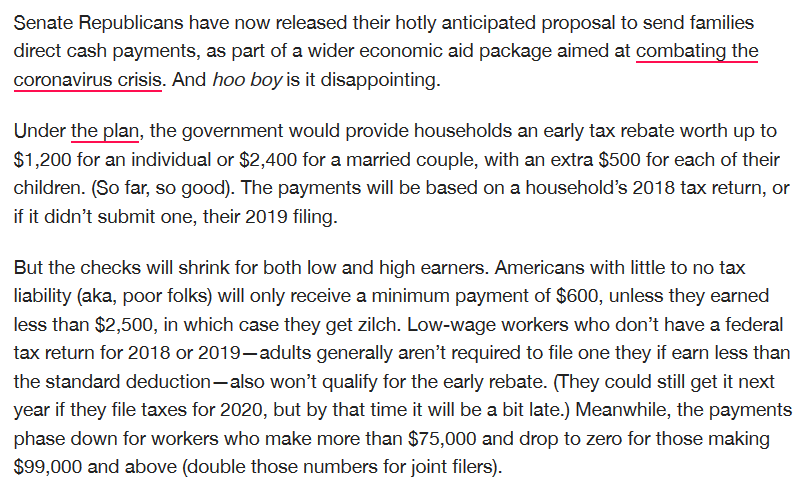 scottsantens's tweet image. "Checks will shrink for both low &amp;amp; high earners. Americans with little to no tax liability (aka, poor folks) will only receive a minimum payment of $600, unless they earned less than $2,500, in which case they get zilch."

This is immoral. #NoMeansTesting

slate.com/business/2020/…