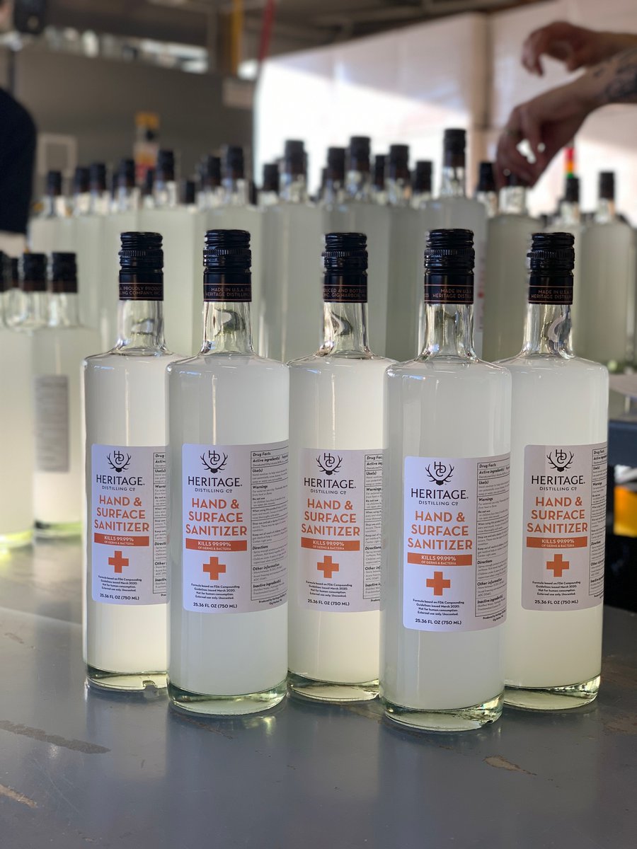 HeritageDistill's tweet image. Our first batch of Hand &amp;amp; Surface Sanitizer will be in all Tasting Rooms today. Please be patient with us as we increase production for this product. We will be working to restock daily. More info: heritagedistilling.com/blogs/news/san…