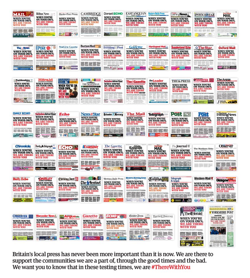 This will be a full page in The Sun, The Times and The Telegraph tomorrow. Showing the power of the regional press in this time of need #ThereWithYou