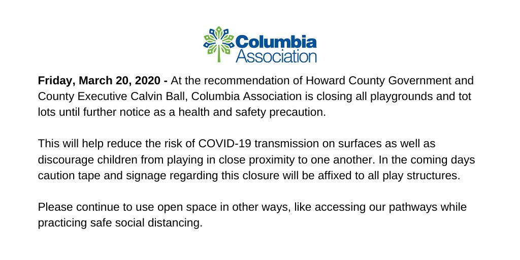 ColumbiaAssn's tweet image. Update: At the recommendation of @HoCoGov  and County Executive @CalvinBallTeam, Columbia Association is closing all playgrounds and tot lots until further notice as a health and safety precaution.