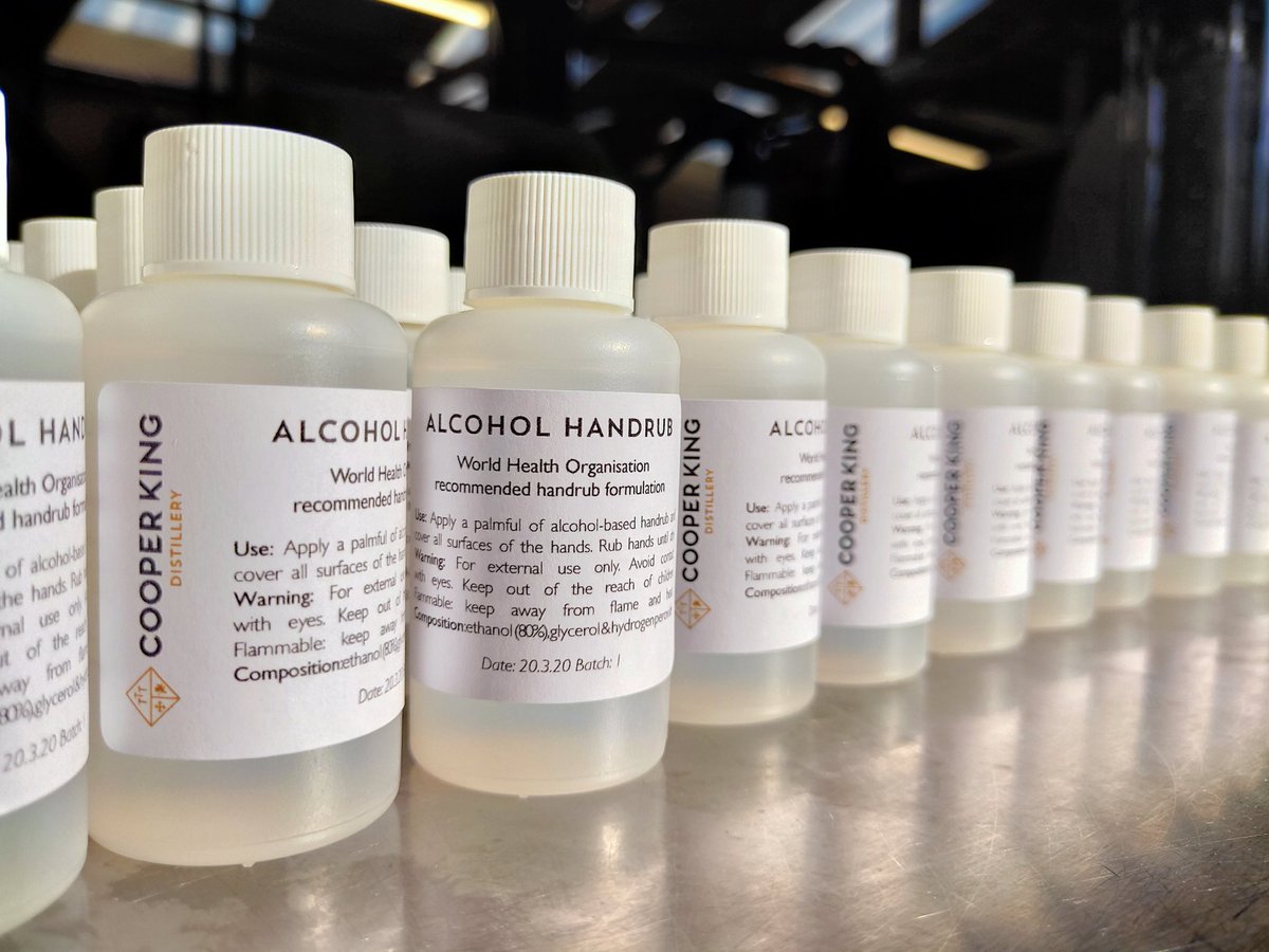 CKdistillery's tweet photo. To help those who need it, we've spent today making handrub to @WHO standards. If you need some, pop into the distillery shop tomorrow (Saturday 21st) 12-6pm &amp; pick up a 50ml bottle for free. Limited to 1 per household. It's 80% abv (don't drink it). Let's keep those hands clean! https://t.co/xbPuQLTWtU