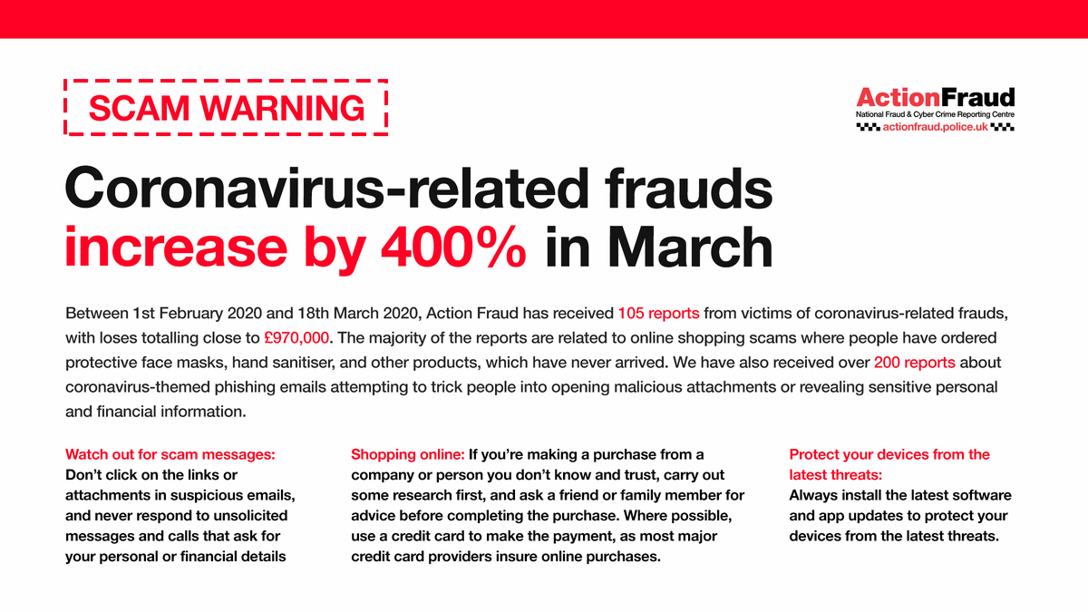 Here's how you can help protect yourself &amp; others from online fraud. ⬇️

❗️Don’t click on the links or attachments in suspicious emails ❗️ 

Shopping online?
➡️ do your research first
➡️ use a credit card if you have one

Visit actionfraud.police.uk to find out more.
