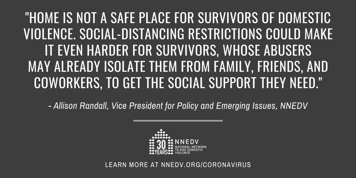 nnedv's tweet photo. "Social-distancing could make it even harder for survivors, whose abusers may already isolate them from family, friends and coworkers, to get the support they need." - Allison Randall, VP for Policy &amp; Emerging Issues, NNEDV

More via @marketwatch: https://t.co/ouS8QeRi9V https://t.co/lgbMan0ROd