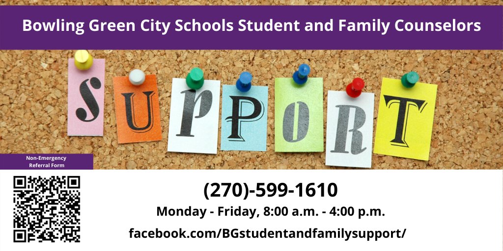 BGISD's tweet image. Students needing to speak with a Student and Family Counselor may call 270-599-1610, Monday - Friday, 8:00 a.m. - 4:00 p.m. To refer a student for a non-emergency, complete the form linked here: docs.google.com/forms/d/e/1FAI…