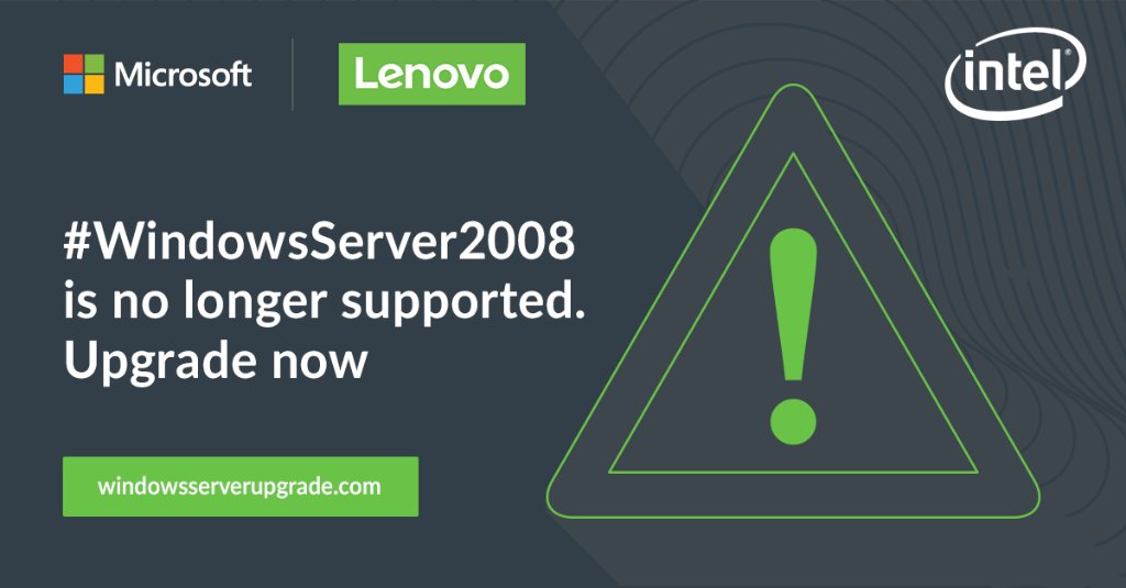 LenovoPartner's tweet photo. It’s time for a #WindowsServerUpgrade! #WindowsServer2008 is no longer supported - chat with an @LenovoDC specialist about your servers and upgrade to #WindowsServer2019 today!

https://t.co/67a2Nw4SxT https://t.co/3JC5osJr0A