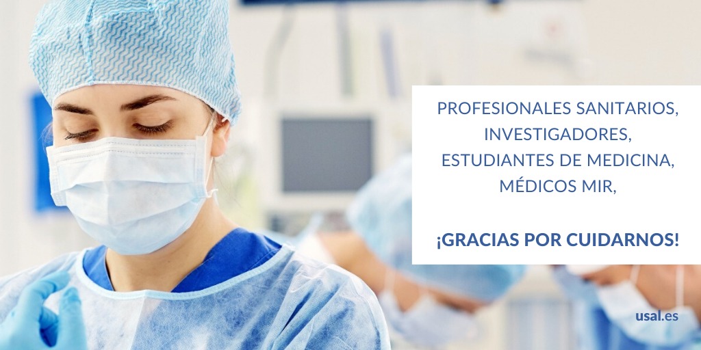 usal's tweet photo. Gracias por trabajar sin descanso, por vuestro compromiso y entrega. Profesionales sanitarios, investigadores, personal médico docente, estudiantes de Medicina, médicos MIR: ¡gracias por cuidarnos!💙👩‍⚕️🧑‍⚕️
#EsteVirusLoParamosUnidos #Covid_19 #QuédateEnCasa https://t.co/ciYXxxItFY