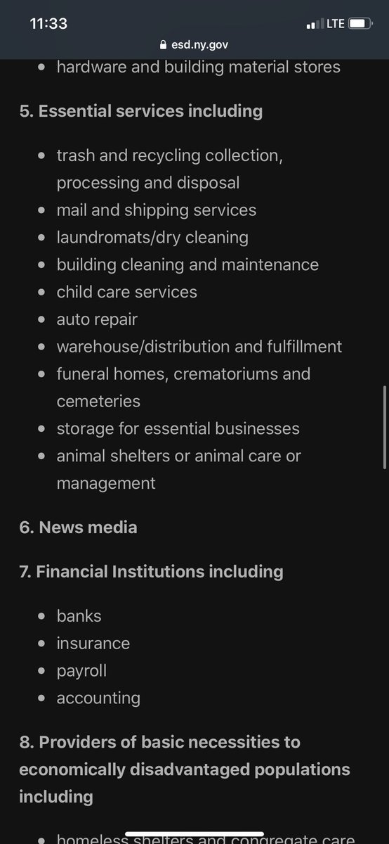 DominicM_'s tweet photo. Are you wondering what is classified as an essential service? Have a look at these screenshots per: @EmpireStateDev. List also includes law enforcement, building cleaners and general maintenance @SPECNewsHV https://t.co/u82p0SKSOU
