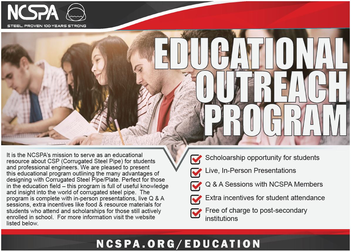 corrugatedsteel's tweet photo. The #NCSPA is committed to the #education of future #CivilEngineers and to help assist the brains of tomorrow we are announcing an official NCSPA #Scholarship for #students studying Civil Engineering that will launch Fall 2020! Sign up for updates here https://t.co/20oFbhNhVy https://t.co/S4SgiGh1Rf