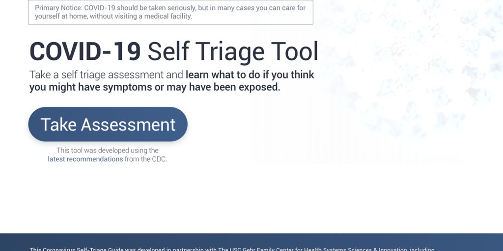 Please share this COVID-19 self assessment tool, developed by the USC Gehr Center. 

Hospitals are getting overwhelmed with people who shouldn’t be there. 

By self screening, we can reduce the load. 

producthunt.com/posts/covid-19…