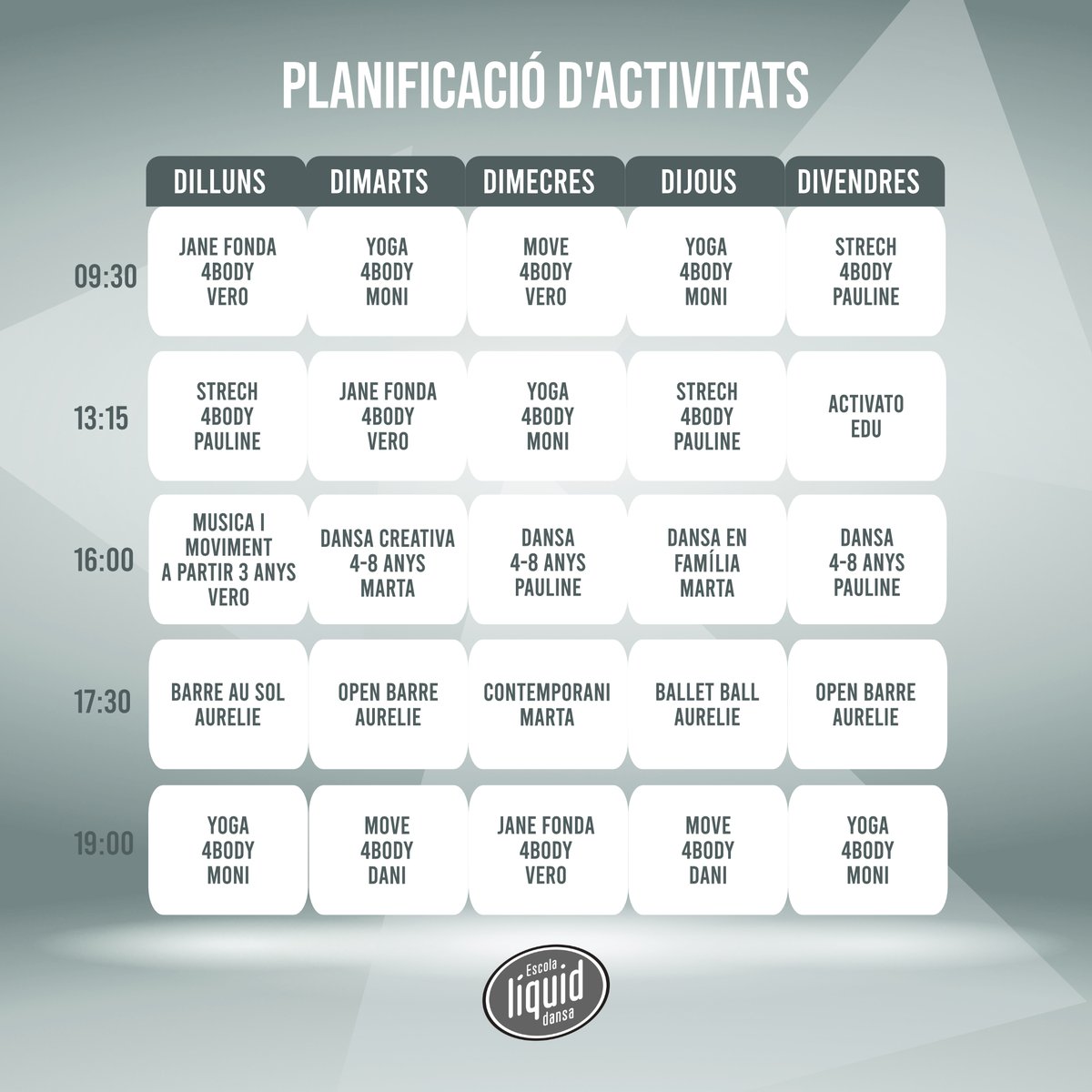 GRÀCIES per seguir les nostres classes en directe! Nova planificació per a la setmana vinent, amb canvis i noves activitats per a tota la família. Seguim en actiu i treballant durant el confinament!

Seguiu les classes a instagram.com/liquiddansa #acasaambliquiddansa #quedatacasa