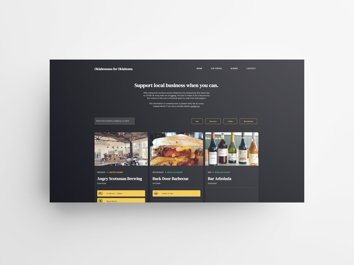 mattvaru's tweet image. Hey friends: today, we&apos;re launching Oklahomans for Oklahoma — a central resource to help you support your favorite restaurant, bar, brewery, and coffee shop. (THREAD)

okforok.com