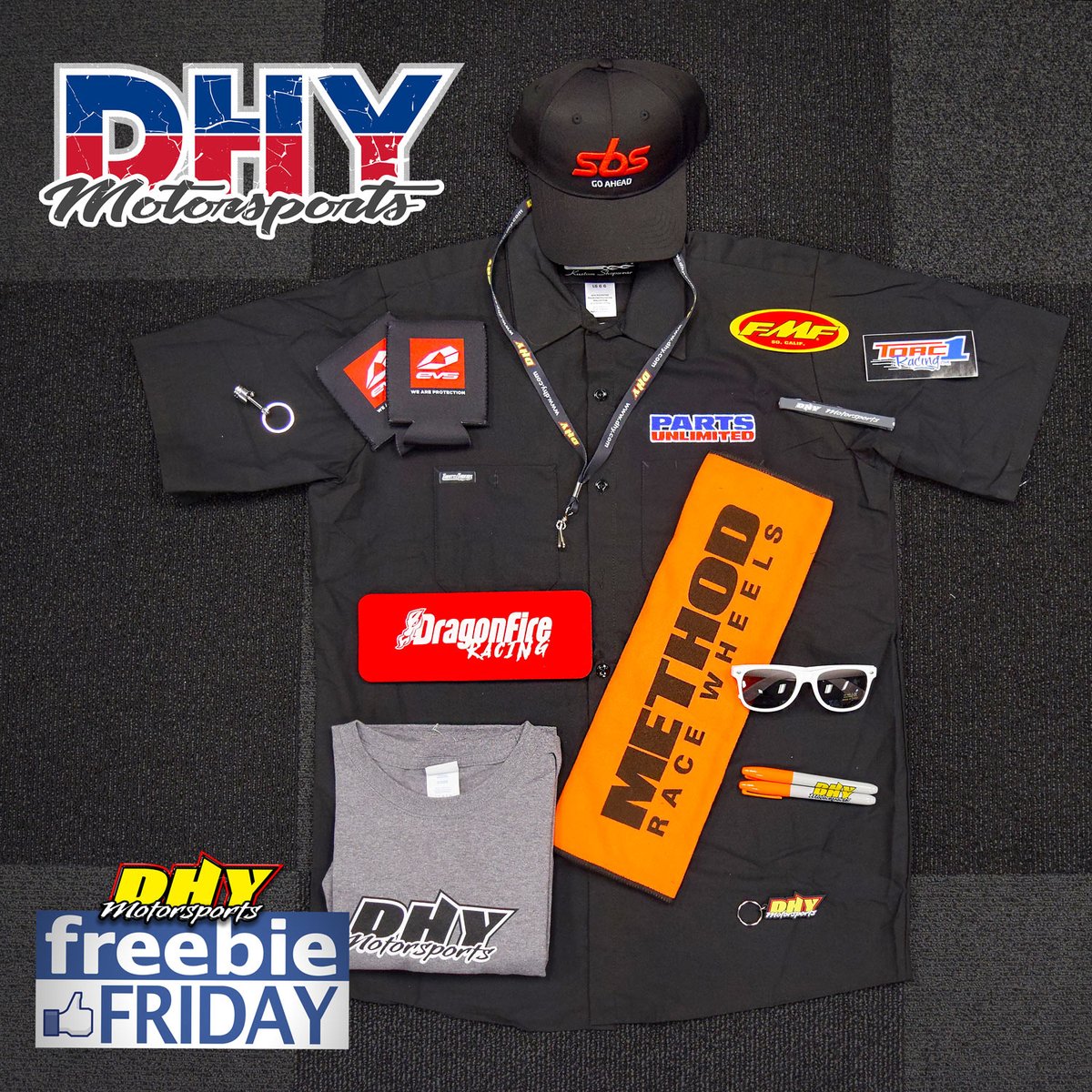 It's Friday so it's #FreebieFriday! We're featuring a #PartsUnlimited pit shirt, #EVS and DragonFire koozies, #SBS hat, #Method microfiber, #XKGo shades, #FMF and #Torc1Racing stickers and the #DHYMotorsports #SwagBag all with a hint of #Lysol disinfectant spray. Get clicking!