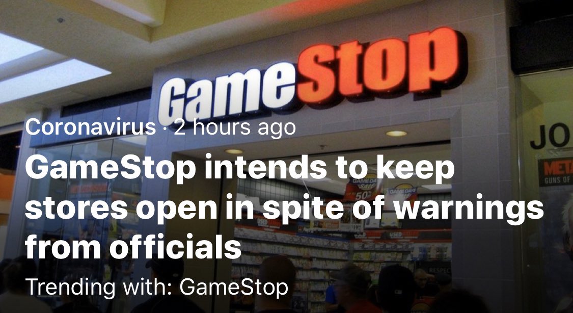 MoistCr1TiKaL's tweet photo. I don’t think a single person has said “I hope GameStop is open” in the last 10 years. No one is itching for a GameStop run during quarantine. Doubt anyone’s panicking that hard where they stop hoarding toilet paper and start collecting used copies of Madden https://t.co/kL6Io6gYVm