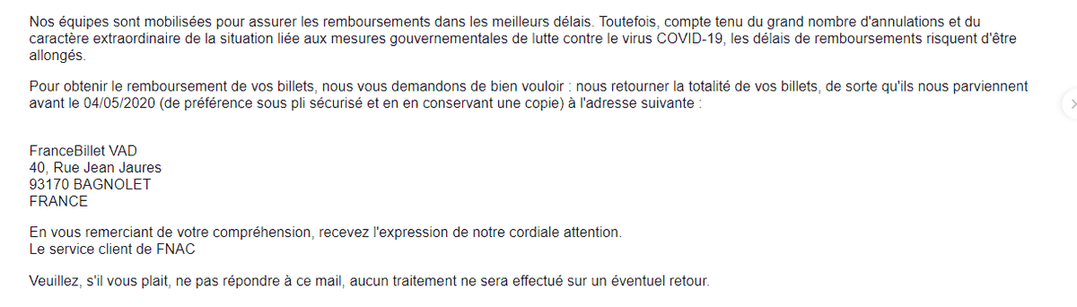 AgnesEscp's tweet photo. BRAVO @fnacspectacles vous n'exagérez pas avec vos délais de renvoi de nos billets ?! Un formulaire en ligne, une adresse e-mail et un numéro de commande ne suffiraient pas ?! #COVID19 et #confinement #DistanciationSociale ???? https://t.co/WeWTWZc9jL